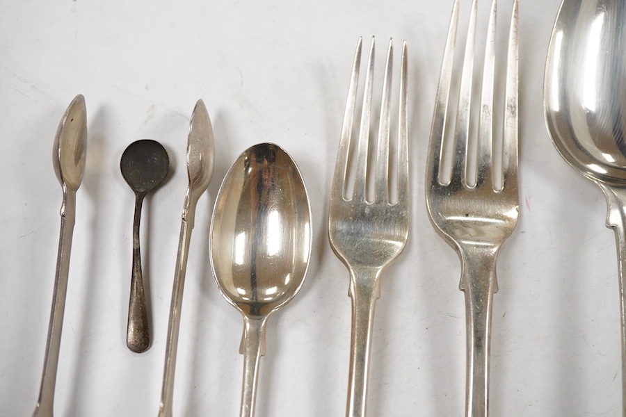 A harlequin part canteen of 19th century silver fiddle pattern flatware for six, comprising table spoons, table forks, dessert forks dessert spoons and teaspoons, various dates and makers but includes two sets, Wakely &